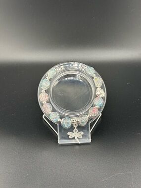 Multicolor Crackle Glass Bead Bracelet with Dragonfly Charm